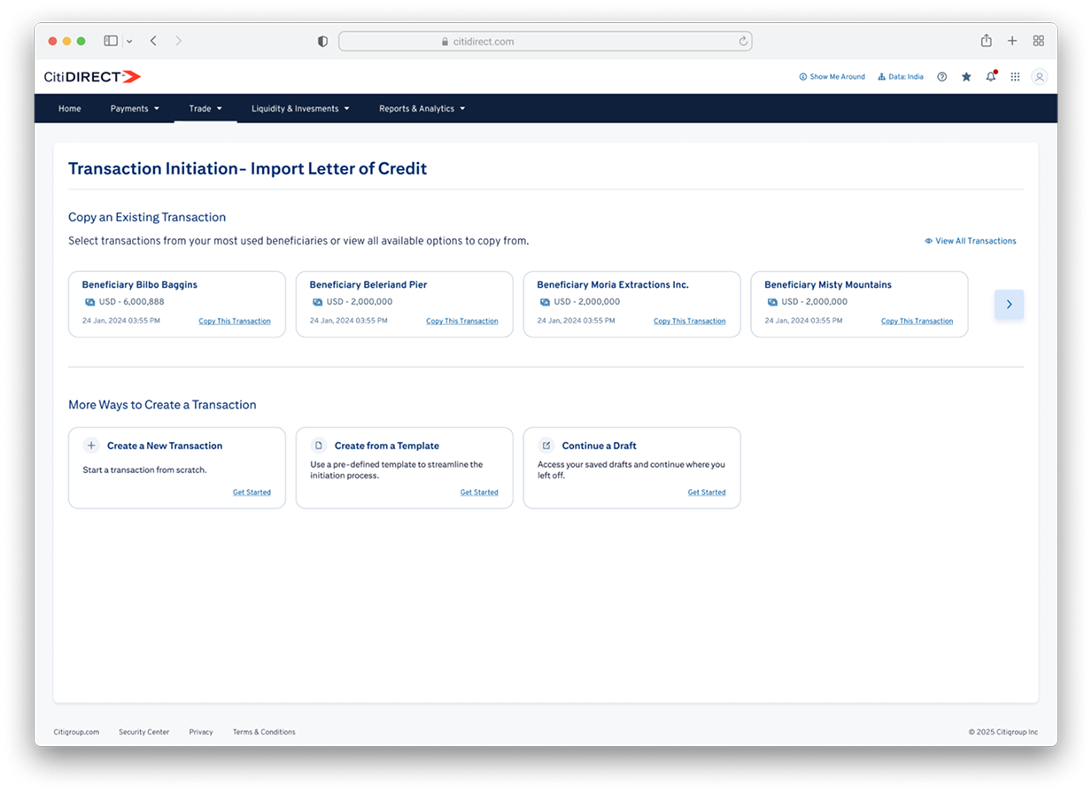 Citi transaction iniatiation preview